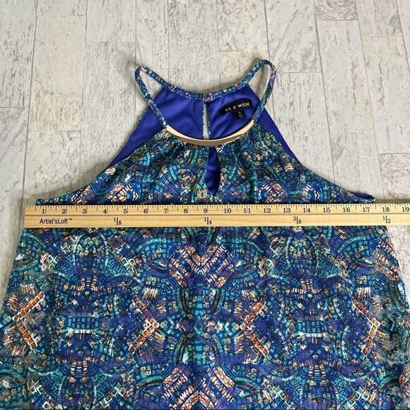 As U Wish Blue Green Geometric Halter Neck Metal Detail Shift Dress Size Small - Picture 9 of 15